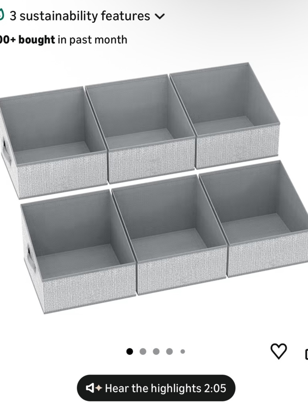 Set of 6 Fabric Storage Bins — Light Gray